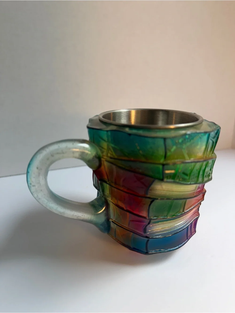 Stacked Book Rainbow Resin Glass Mug with Stainless Insert